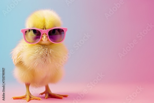 A cute little chick wearing sunglasses isolated on pastel background