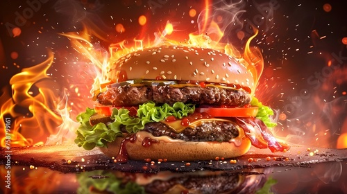 Flame Burger on Black Background with Smoke photo