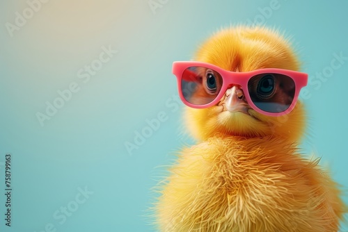 A cute yellow chick wearing sunglasses, on pastel background