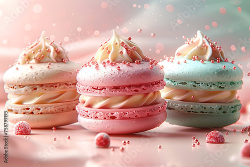 Realistic photograph of a complete stack of assorted macarons in pastel colours