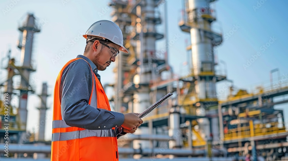 Middle eastern engineer with tablet at oil refinery site under sunlight, earth tones palette. - obrazy, fototapety, plakaty 