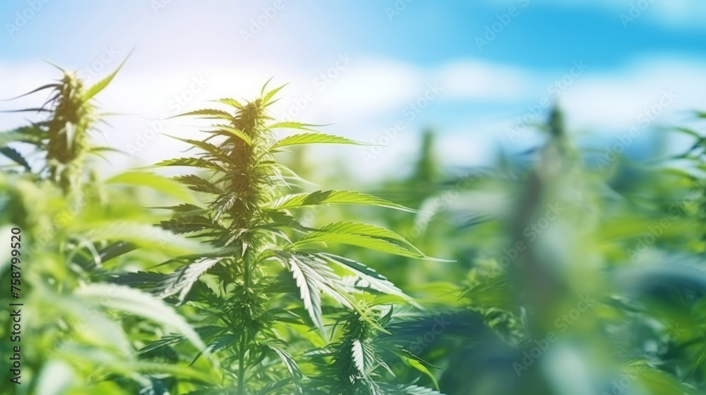 Close up of cannabis sativa bud on a field with soft focus with a sun rays flare. Medical hemp concept. Generative AI Close up of cannabis sativa bud on a field with soft focus with a sun rays flare. Medical hemp concept. Generative AI