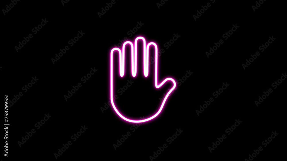 Neon glowing hand alert icon on a black background. Neon glowing hand alert icon on a black background.