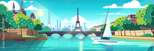 flat illustration, Summer Olympic Games in Paris, regatta against the background of the Eiffel Tower and a panorama of the city's attractions, the Seine River photo