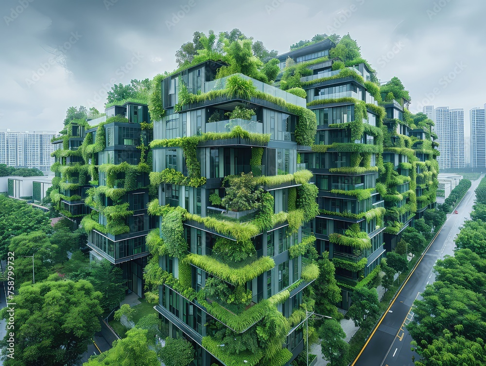 Sustainable Cityscape - Eco-friendly Architecture - Modern Living - Craft an image that showcases a sustainable cityscape characterized by eco-friendly architecture and modern living, where buildings