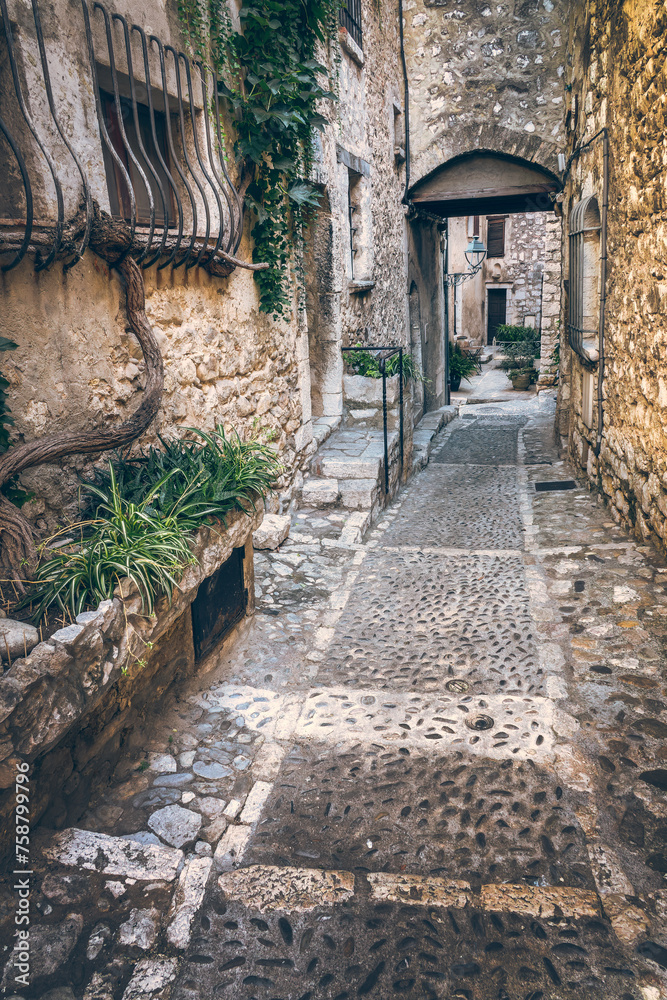 Picturesque cobbled street in the old medieval town of Saint-Paul de Vence on the French Riviera in the South of France