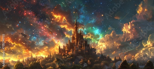 A fantasy castle surrounded by a starry sky, with shooting stars and colorful auroras in the background.  photo