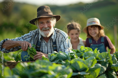 Grandfather growing organic fresh vegetables with grandchildren and family at family farm