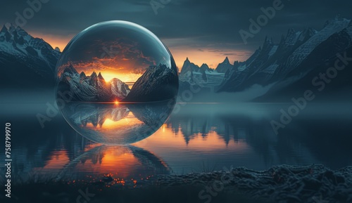 A fantasy world inside of an orb  with planets and mountains floating around it
