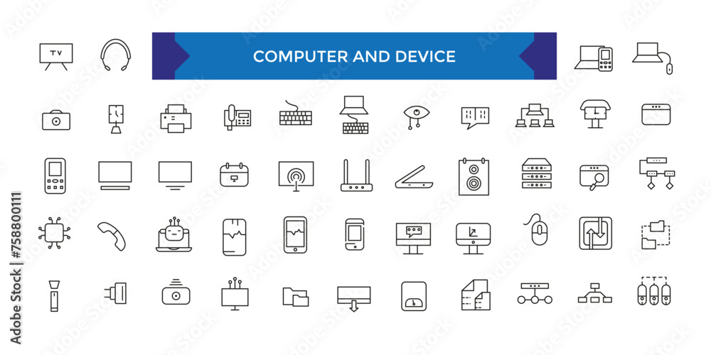 Computer and Device icon set. Electronic devices thin line icons. Outline symbol collection.