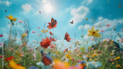 A vast meadow bathed in sunlight, colorful wildflowers swaying in the gentle breeze, a clear blue sky stretching endlessly above, butterflies flitting among the blossoms, evoking a sense of joy and se © usama