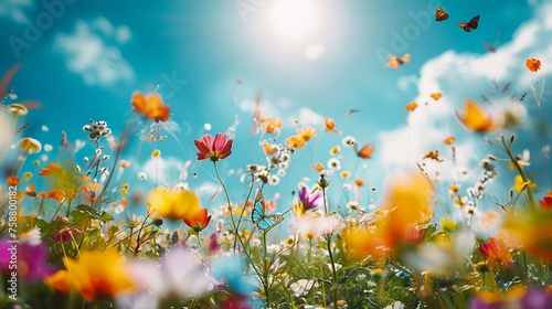 A vast meadow bathed in sunlight, colorful wildflowers swaying in the gentle breeze, a clear blue sky stretching endlessly above, butterflies flitting among the blossoms, evoking a sense of joy and se © usama