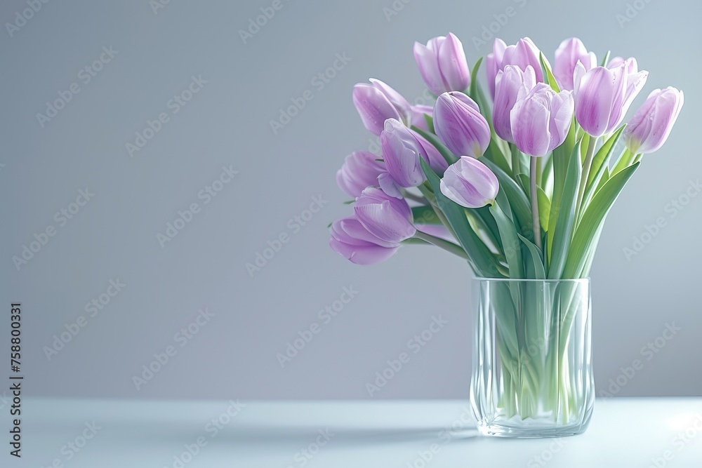 glass cup with purple tulips on the table and space for text, advertising
