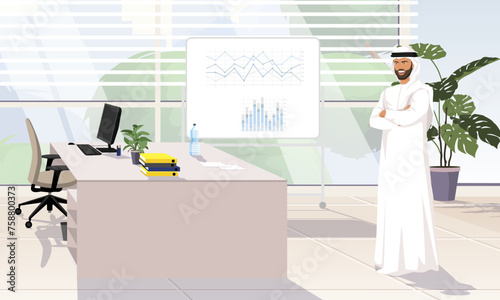 Arabian man in a white cloth stands in the office with his arms crossed over his chest. The workplace is in the office room. Financial charts in a white board in the background. Vector illustration © GN.STUDIO