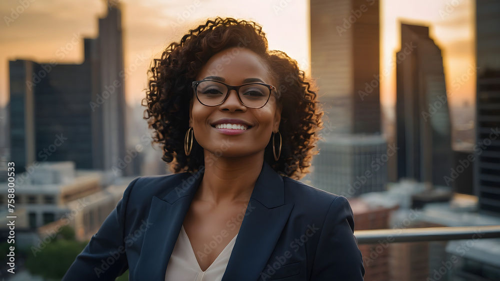 Happy wealthy rich successful black businesswoman standing in big city modern skyscrapers street on sunset thinking of successful vision, dreaming of new investment opportunities - obrazy, fototapety, plakaty 