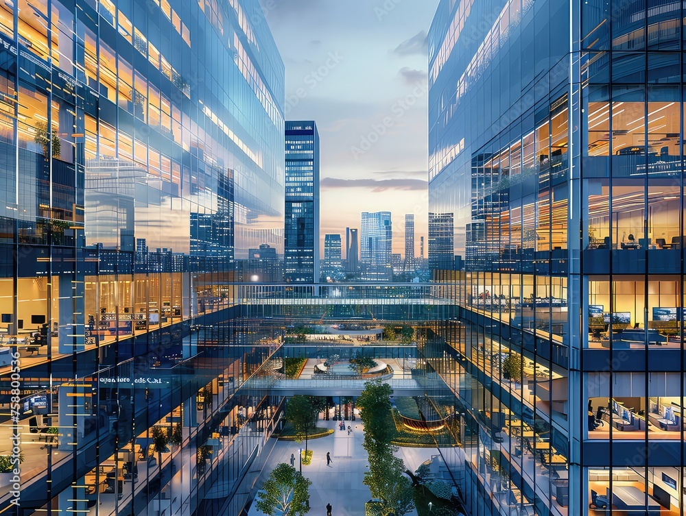 Urban Office Scene - Modern Architecture - Business Hub - Generate visuals of an urban office scene characterized by modern architecture and bustling activity, where professionals converge