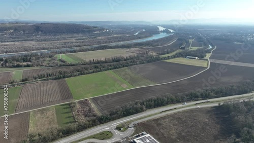 Aerial view of agriculture field in Kembs of Haut-Rhin, in Grand Est, Alsace, France. photo