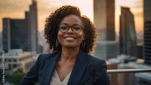 Happy wealthy rich successful black businesswoman standing in big city modern skyscrapers street on sunset thinking of successful vision, dreaming of new investment opportunities