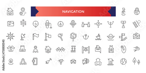 Navigation icon set, Location and Map Line Vector Icons Set. Contains Map with a Pin, Navigator. Outline symbol collection.
