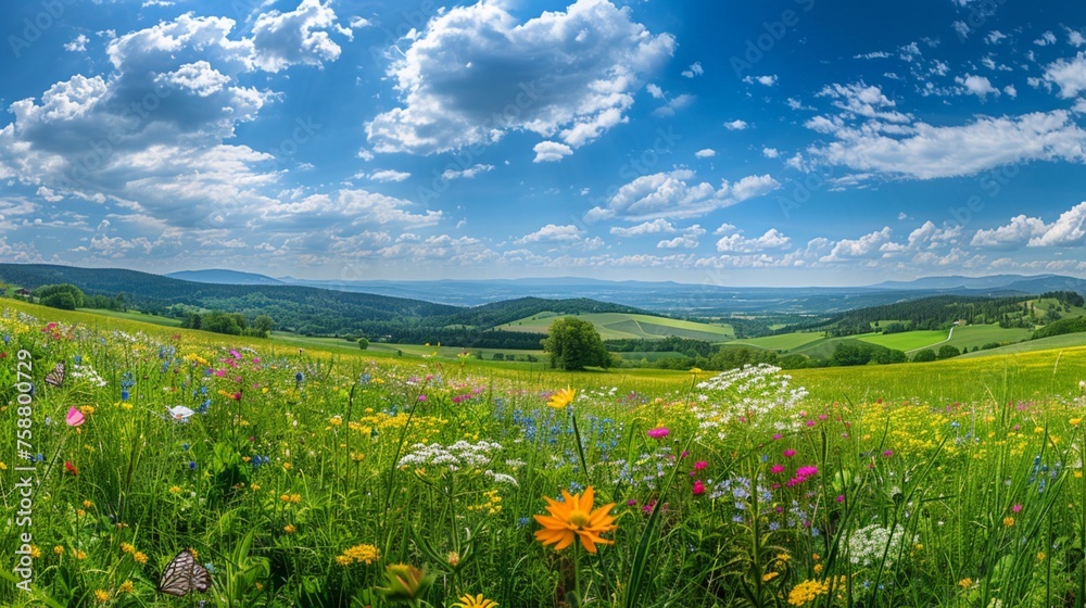 A vast panoramic vista of meadows in Taunusstein during the summer months, with vibrant hues of green stretching to the distant horizon, a clear blue sky overhead dotted with fluffy white clouds