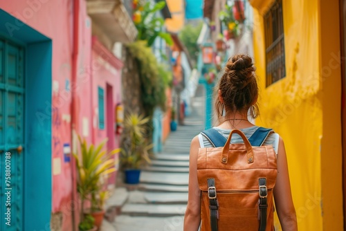 young woman with a backpack on vacation walking the streets of a city
