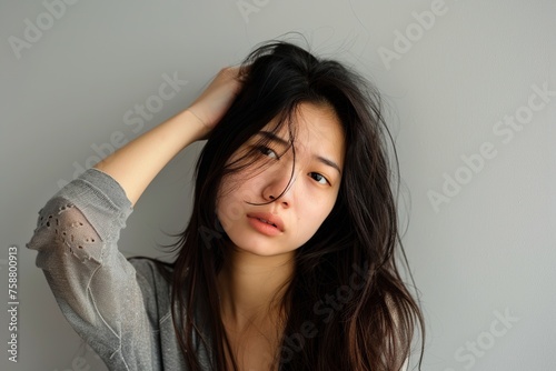 seductive asian woman with a hand in her hair photo