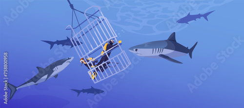 Scuba diving in the sea inside cage around sharks. Beautiful seascape fauna. Diver exploring ocean nature. Concept of exploration and development. Vector illustration photo
