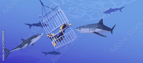 Scuba diving in the sea inside cage around sharks. Beautiful seascape fauna. Diver exploring ocean nature. Concept of exploration and development. Vector illustration
