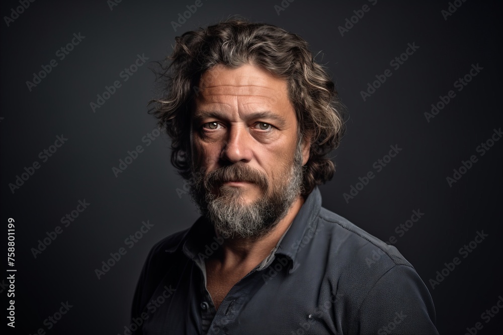 Handsome middle aged man with long grey hair and beard in a studio portrait