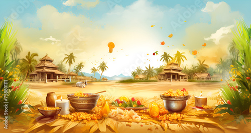illustration of autumn landscape with furit and white candles concept of village life art with sky in background