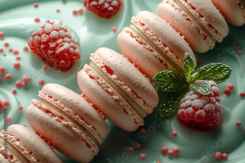 A box of Raspberry macarons cookies on pastel color background 
