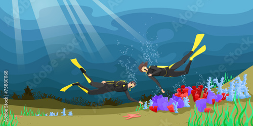 Scuba diving on the bottom of the sea. Beautiful seascape fauna, corals and algae. Divers are exploring ocean nature. Concept of exploration and development. Vector illustration