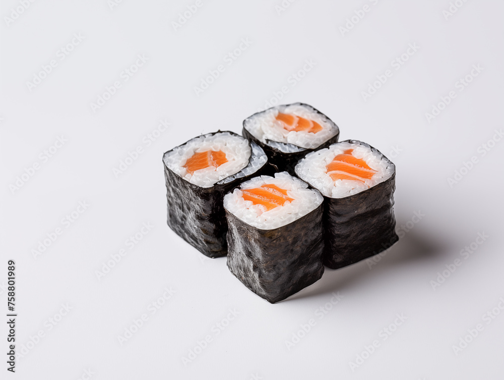 Sushi rolls set with salmon eco served, top view. light background, for advertising, sauce and sticks. Japanese food Sushi rolls set with salmon eco served, top view. light background, for advertising, sauce and sticks. Japanese food
