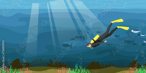 Scuba diving on the bottom of the sea. Beautiful seascape fauna, corals, fish, algae. Diver exploring ocean nature. Concept of exploration and development. Vector illustration