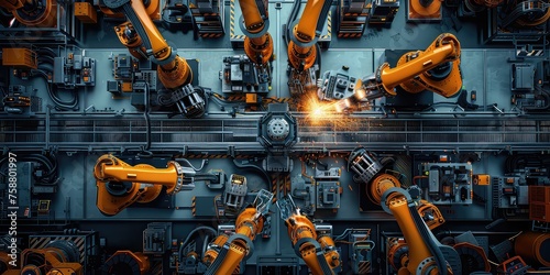 Aerial view of a Robot Factory: Picture a factory filled with conveyor belts and robotic arms assembling futuristic gadgets and machines, with sparks flying and whirring machinery photo