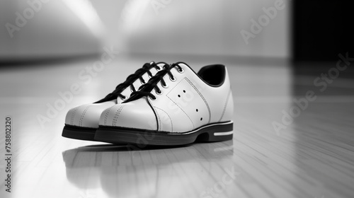 Black and white bowling shoes adjacent to a bowling pin on a light gray floor. photo