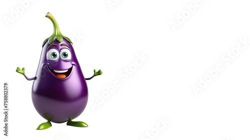 3D tiny cartoon character of eggplant with eyes, arms, legs on white background with copy space. promote healthy kid's eating, nutrition education, children's books, fun mascot to sell vegetables