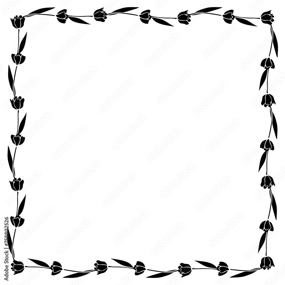 Obraz premium Vector square frame, wreath from black flat tulips, flowers. Background, border, decoration for greeting card, nature design