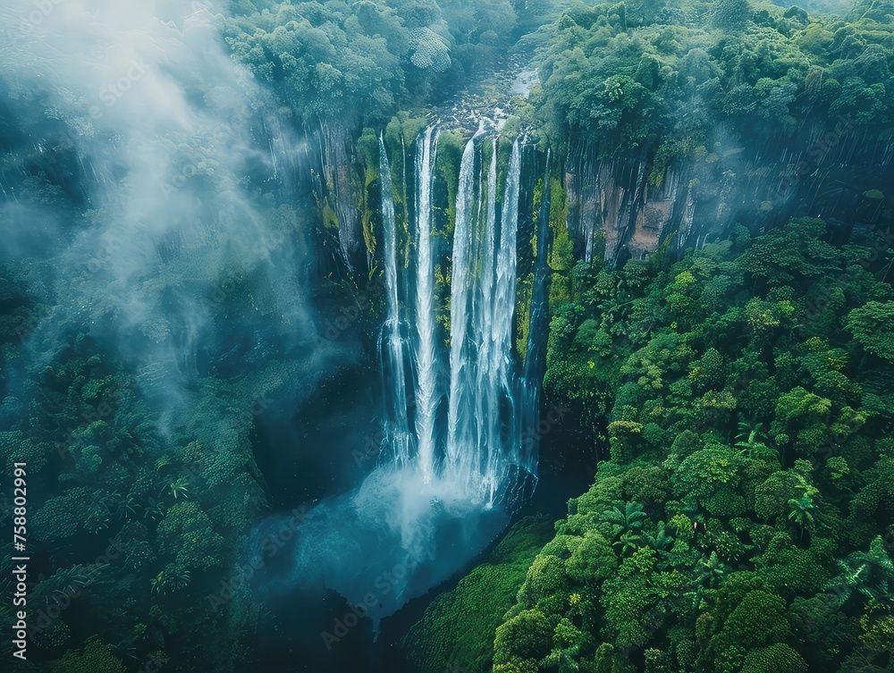 Aerial view of a Mystic Waterfall: Imagine a majestic waterfall cascading down rugged cliffs into a serene pool below, surrounded by lush vegetation and misty air - obrazy, fototapety, plakaty 
