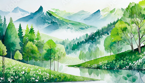 新緑の森の水彩画テイスト,Generative AI AI画像