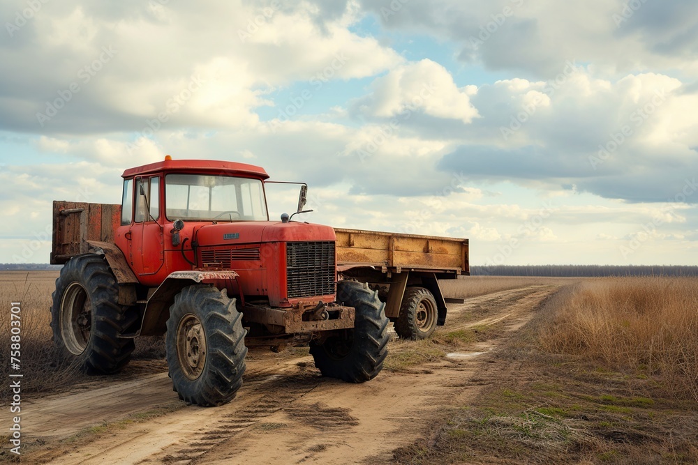 old tractor with a trailer in the field old tractor with a trailer in the field