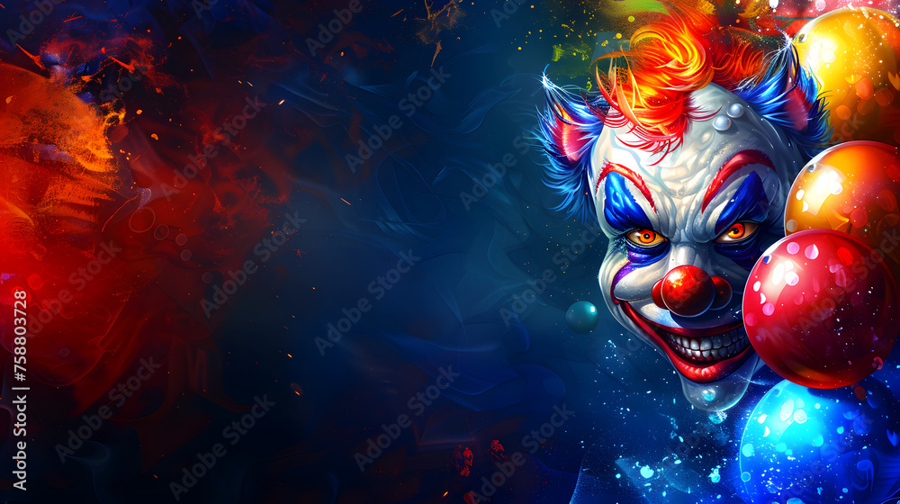 Fototapeta premium Vibrant Clown Face with Colorful Balloons on Abstract Festive Background