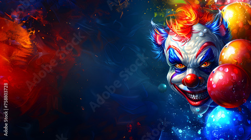 Vibrant Clown Face with Colorful Balloons on Abstract Festive Background