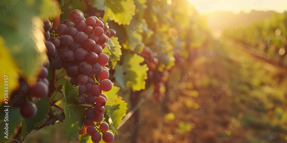 Vineyard at sunny day, green vines and ripe grapes - obrazy, fototapety, plakaty 