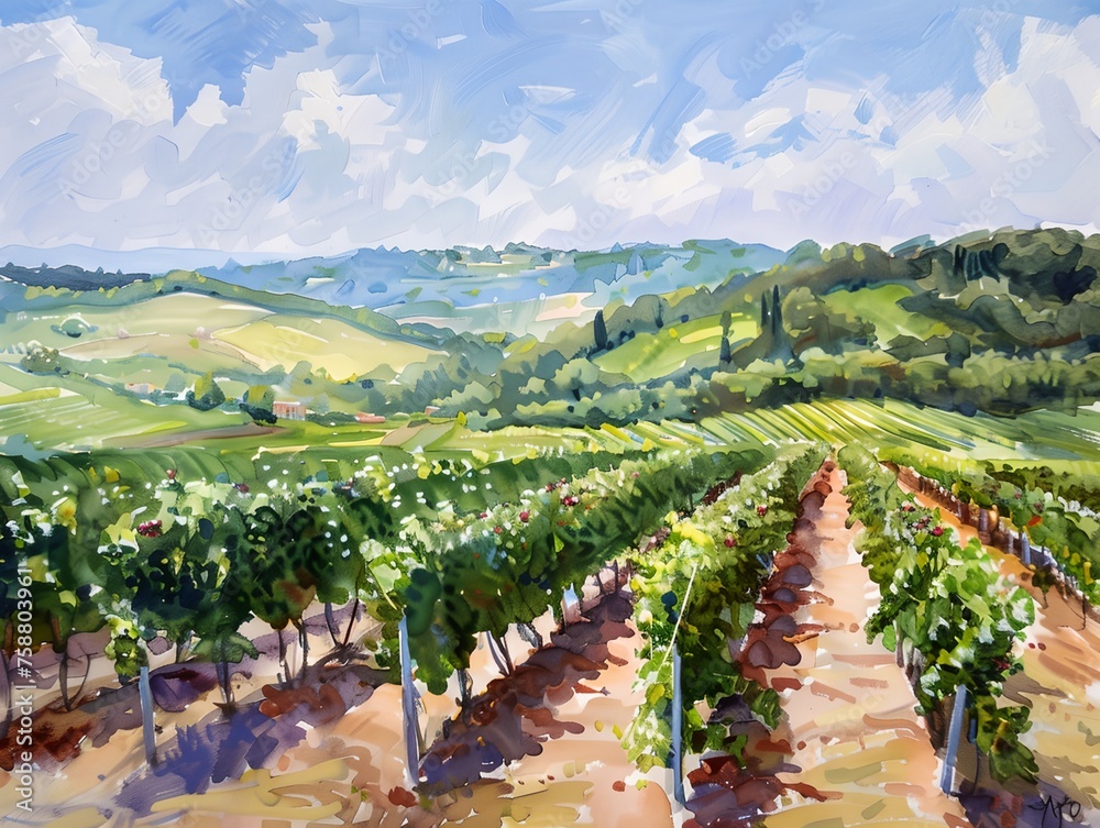 Naklejka premium Vineyard at sunny day, green vines and ripe grapes