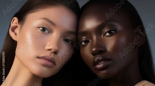 young pretty asian, african american woman posing cheerful together on brown grey background, lifestyle diverse nationality people concept portrait
