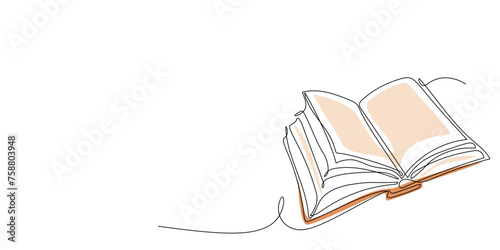 Continuous one line drawing of open book. Single line of notebook with flying pages with color shape. Concept of study, knowledge, education, back to school. Hand drawn sketch Vector editable stroke