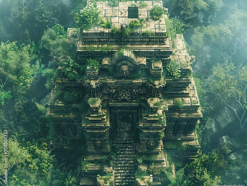 Aerial view of a Jungle Temple: Imagine discovering an ancient temple hidden deep within a dense jungle, with intricate carvings, booby traps, and untold treasures waiting to be found photo