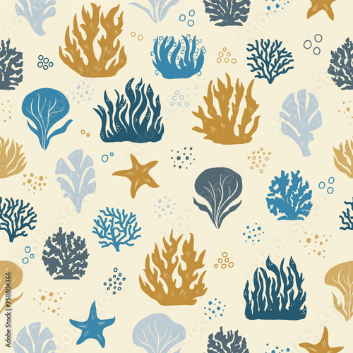 Vector seamless pattern with elements of marine life. Corals and seaweed in blue and golden colors on a light background. The pattern can be used for wallpapers, textiles and other decorative surfaces (ID: 758804366)