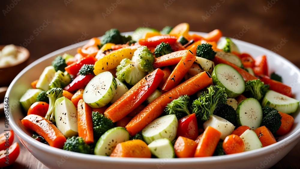 mix of cooked vegetables in bowl , variety of grilled vegetables in bowl on abstract background, Zucchini, bell peppers, hot peppers, tomatoes and green parsley mix of cooked vegetables in bowl , variety of grilled vegetables in bowl on abstract background, Zucchini, bell peppers, hot peppers, tomatoes and green parsley